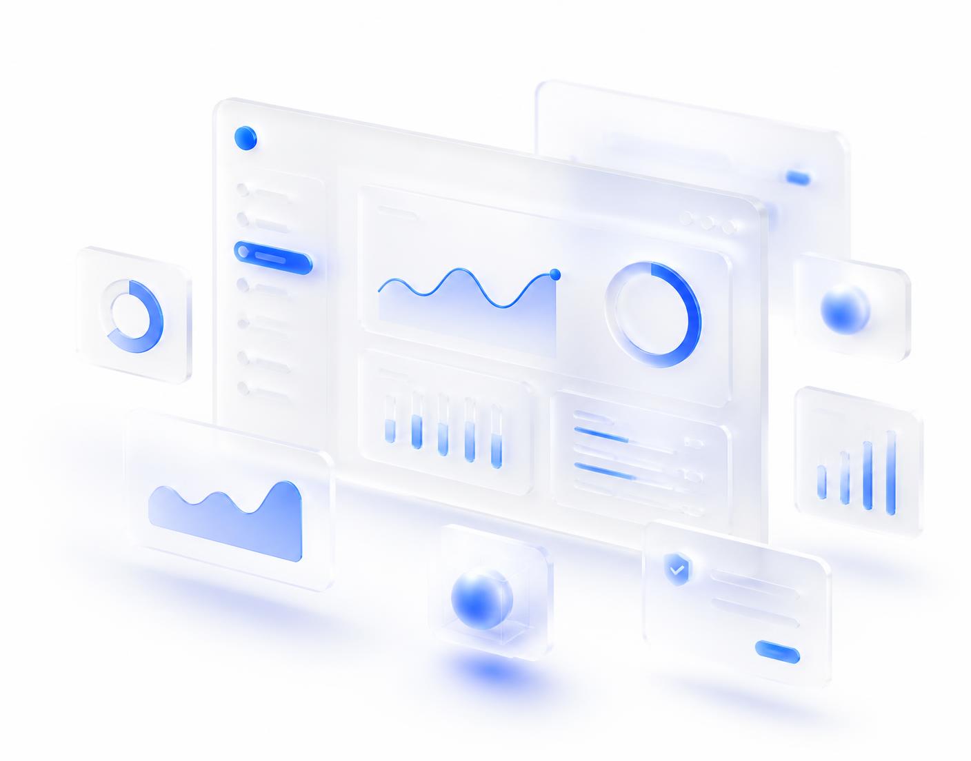 Layered software dashboard panels representing custom business applications